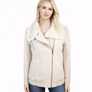 Zara Trafaluc Moto Asymmetrical Zip Coat Faux Fur Blush Pink Wool Jacket Size XS